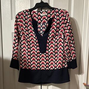 Blue V-neck Blouse with Cuffed Sleeves and Graphic Cut Out